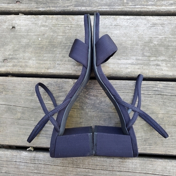 Vintage 90s y2k Rachel Green Strappy Square Toe Chunky Heel Navy Blue Sandals 9 - Picture 5 of 7